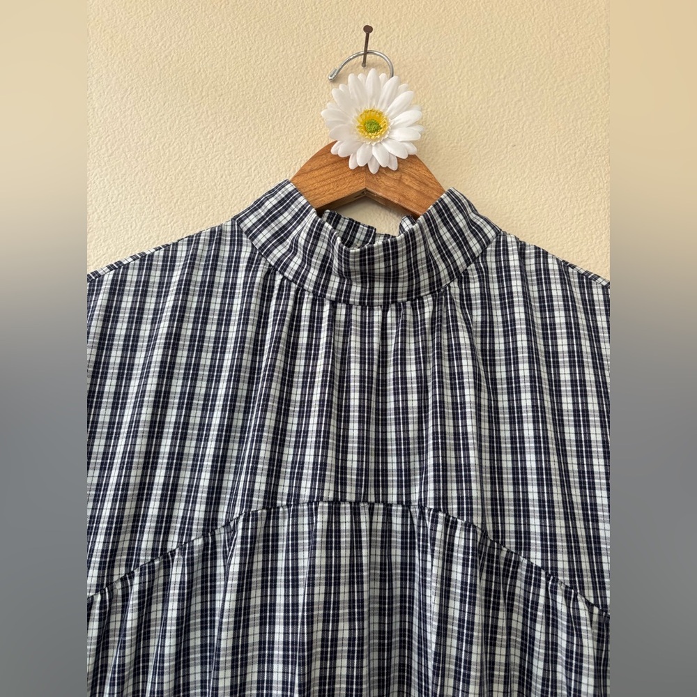 Everlane tiered mock neck dress in ice blue plaid. - Picture 3 of 6